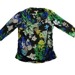Dana Buchman Black Floral‎ Cowl Neck 3/4 Sleeves Blouse Size Large
